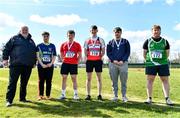 3 April 2022; Athletics Ireland president John Cronin, left, with boys hammer competitors, from left, Patrick O'Meara of Birr AC, Offaly, Coil O'Muiri of Fr Murphy AC, Meath, Cormac O'Donnell of Lifford Strabane AC, Donegal, Azuolas Varnili of Templemore AC, Tipperary, and Liam Bergin of Templemore AC, Tipperary, during the AAI National Spring Throws Championships at Templemore Athletics Club in Tipperary. Photo by Sam Barnes/Sportsfile