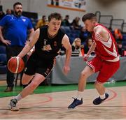 2 April 2022; Oisin O'Reilly of EJ Sligo All-Stars in action against Matthew McCarthy of UCC Demons during the InsureMyVan.ie Division 1 Final match between EJ Sligo All-Stars and UCC Demons, Cork at the National Basketball Arena in Dublin. Photo by Brendan Moran/Sportsfile