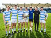 3 April 2022; Blackrock College players, from left, Hugh Cooney, Zach Quirke, Oliver Coffey, Will Fitzgerald, Paddy Van Zuydam, coach Shane Murray and Conor O’Shaughnessy after the Bank of Ireland Leinster Rugby Schools Senior Cup Final match between Gonzaga College and Blackrock College at the RDS Arena in Dublin. Photo by Harry Murphy/Sportsfile