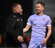 1 April 2022; Cameron Dummigan of Derry City and Derry City assistant manager Alan Reynolds after their side's victory in the SSE Airtricity League Premier Division match between Bohemians and Derry City at Dalymount Park in Dublin. Photo by Harry Murphy/Sportsfile