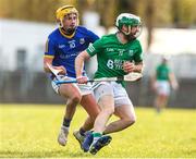 2 April 2022; Seán Corrigan of Fermanagh in action against Johnny Casey of Longford during the Allianz Hurling League Division 3B Final match between Fermanagh and Longford at Avant Money Páirc Seán Mac Diarmada in Carrick-on-Shannon, Leitrim. Photo by Michael P Ryan/Sportsfile
