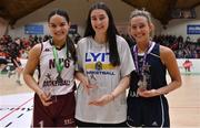 2 April 2022; Women's Division 1 Allstar award winners, from left, Hazel Finn of NUIG Mystics, Shannon Cunningham of LYIT Donegal and Lexi Posset of Ulster University after the MissQuote.ie Division 1 League Cup Final match between NUIG Mystics, Galway and Ulster University, Antrim, at the National Basketball Arena in Dublin. Photo by Brendan Moran/Sportsfile