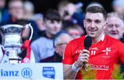 2 April 2022; Louth captain Sam Mulroy makes his acceptance speech after his side's victory in the Allianz Football League Division 3 Final match between Louth and Limerick at Croke Park in Dublin. Photo by Piaras Ó Mídheach/Sportsfile