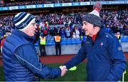 2 April 2022; Limerick manager Billy Lee and Louth manager Mickey Harte shake hands after the Allianz Football League Division 3 Final match between Louth and Limerick at Croke Park in Dublin. Photo by Piaras Ó Mídheach/Sportsfile