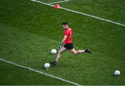 3 April 2022; Mayo goalkeeper Rory Byrne takes a kick-out during the warm-up before the Allianz Football League Division 1 Final match between Kerry and Mayo at Croke Park in Dublin. Photo by Piaras Ó Mídheach/Sportsfile