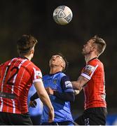 4 April 2022; Sean Brennan of UCD in action against Cameron Dummigan of Derry City during the SSE Airtricity League Premier Division match between UCD and Derry City at UCD Bowl in Dublin. Photo by Ramsey Cardy/Sportsfile