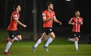 4 April 2022; Will Patching of Derry City celebrates after scoring his side's first goal during the SSE Airtricity League Premier Division match between UCD and Derry City at UCD Bowl in Dublin. Photo by Ramsey Cardy/Sportsfile