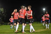 4 April 2022; Ronan Boyce of Derry City, 2, celebrates with teammates after scoring their side's second goal during the SSE Airtricity League Premier Division match between UCD and Derry City at UCD Bowl in Dublin. Photo by Ramsey Cardy/Sportsfile