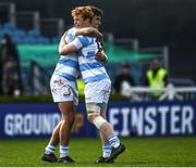 3 April 2022; Luke Kritzinger and Hugh Cooney of Blackrock College embrace after their side's victory in the Bank of Ireland Leinster Rugby Schools Senior Cup Final match between Gonzaga College and Blackrock College at the RDS Arena in Dublin. Photo by Harry Murphy/Sportsfile
