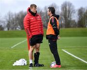 5 April 2022; Gavin Coombes in conversation with head coach Johann van Graan during Munster rugby squad training at University of Limerick in Limerick. Photo by Piaras Ó Mídheach/Sportsfile