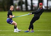 5 April 2022; Craig Casey with lead academy athletic development coach Danielle Cunningham during Munster rugby squad training at University of Limerick in Limerick. Photo by Piaras Ó Mídheach/Sportsfile