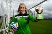 7 April 2022; Stephanie Roche of Peamount United with her SSE Airtricity Women’s National League Player of the Month award for March at PRL Park in Dublin. Photo by Sam Barnes/Sportsfile