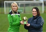 7 April 2022; Stephanie Roche of Peamount United is presented with the SSE Airtricity Women’s National League Player of the Month award for March by Ruth Rapple, SSE Airtricity Marking Executive, at PRL Park in Dublin. Photo by Sam Barnes/Sportsfile