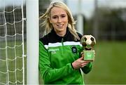 7 April 2022; Stephanie Roche of Peamount United with her SSE Airtricity Women’s National League Player of the Month award for March at PRL Park in Dublin. Photo by Sam Barnes/Sportsfile