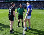 3 April 2022; Referee Noel Mooney with Stephen Coen of Mayo and David Clifford of Kerry during the Allianz Football League Division 1 Final match between Kerry and Mayo at Croke Park in Dublin. Photo by Eóin Noonan/Sportsfile