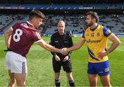 3 April 2022; Referee Niall Cullen with the two captains, Seán Kelly of Galway and Donie Smith of Roscommon before the Allianz Football League Division 2 Final match between Roscommon and Galway at Croke Park in Dublin. Photo by Ray McManus/Sportsfile