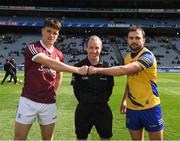 3 April 2022; Referee Niall Cullen with the two captains, Seán Kelly of Galway and Donie Smith of Roscommon before the toss in advance of the Allianz Football League Division 2 Final match between Roscommon and Galway at Croke Park in Dublin. Photo by Ray McManus/Sportsfile