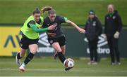 5 April 2022; Chloe Mustaki, right, and Lucy Quinn during a Republic of Ireland Women training session at the FAI National Training Centre in Abbotstown, Dublin. Photo by Stephen McCarthy/Sportsfile