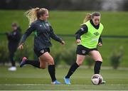 5 April 2022; Harriet Scott, right, and Ellen Molloy during a Republic of Ireland Women training session at the FAI National Training Centre in Abbotstown, Dublin. Photo by Stephen McCarthy/Sportsfile