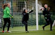 5 April 2022; Goalkeepers Eve Badana, centre, Courtney Brosnan, left, and Megan Walsh, right, during a Republic of Ireland Women training session at the FAI National Training Centre in Abbotstown, Dublin. Photo by Stephen McCarthy/Sportsfile