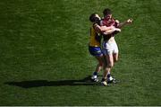 3 April 2022; Niall Kilroy of Roscommon and Johnny Heaney of Galway tussle off the ball during the Allianz Football League Division 2 Final match between Roscommon and Galway at Croke Park in Dublin. Photo by Piaras Ó Mídheach/Sportsfile