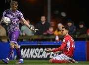 5 April 2022; Max Mata of Sligo Rovers reacts after being denied a penalty, as Bohemians goalkeeper James Talbot reacts to his appeals, during the SSE Airtricity League Premier Division match between Sligo Rovers and Bohemians at The Showgrounds in Sligo. Photo by Ramsey Cardy/Sportsfile