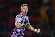 5 April 2022; Bohemians goalkeeper James Talbot celebrates at the final whistle after his side's victory in the SSE Airtricity League Premier Division match between Sligo Rovers and Bohemians at The Showgrounds in Sligo. Photo by Ramsey Cardy/Sportsfile