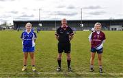 1 April 2022; Referee Shane Curley, with team captains Mae Hession of Mount Saint Michael and Uainín Ní Chongaile of Coláiste Oiriall before the Lidl All Ireland Post Primary Schools Senior ‘B’ Championship Final match between Mount Saint Michael, Claremorris, Mayo and Coláiste Oiriall, Monaghan at Glennon Brothers Pearse Park in Longford.     Photo by Ramsey Cardy/Sportsfile