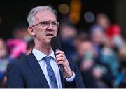 2 April 2022; Leinster GAA chairman Pat Teehan makes a speech after the Allianz Football League Division 4 Final match between Cavan and Tipperary at Croke Park in Dublin. Photo by Piaras Ó Mídheach/Sportsfile