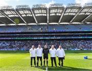 2 April 2022; Referee Brendan Griffin with his umpires before the Allianz Football League Division 3 Final match between Louth and Limerick at Croke Park in Dublin. Photo by Piaras Ó Mídheach/Sportsfile