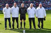 2 April 2022; Referee Brendan Griffin with his umpires before the Allianz Football League Division 3 Final match between Louth and Limerick at Croke Park in Dublin. Photo by Piaras Ó Mídheach/Sportsfile
