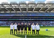 2 April 2022; Referee Brendan Griffin with his match officials before the Allianz Football League Division 3 Final match between Louth and Limerick at Croke Park in Dublin. Photo by Piaras Ó Mídheach/Sportsfile