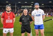 2 April 2022; Referee Liam Gordon with the Waterford captain Conor Prunty and the Cork captain Mark Coleman before the Allianz Hurling League Division 1 Final match between Cork and Waterford at FBD Semple Stadium in Thurles, Tipperary. Photo by Ray McManus/Sportsfile