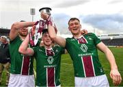 2 April 2022; Johnny Bermingham, 18, Darragh Egerton and Niall Mitchell, right, of Westmeath  celebrate after the Allianz Hurling League Division 2A Final match between Down and Westmeath at FBD Semple Stadium in Thurles, Tipperary. Photo by Ray McManus/Sportsfile