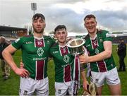 2 April 2022; Johnny Bermingham, 18, Darragh Egerton and Niall Mitchell, right, of Westmeath  celebrate after the Allianz Hurling League Division 2A Final match between Down and Westmeath at FBD Semple Stadium in Thurles, Tipperary. Photo by Ray McManus/Sportsfile