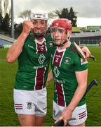 2 April 2022; Tommy Gallagher, left, and Darragh Egerton of Westmeath  celebrate after the Allianz Hurling League Division 2A Final match between Down and Westmeath at FBD Semple Stadium in Thurles, Tipperary. Photo by Ray McManus/Sportsfile