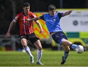 4 April 2022; Colm Whelan of UCD in action against Eoin Toal of Derry City during the SSE Airtricity League Premier Division match between UCD and Derry City at UCD Bowl in Dublin. Photo by Ramsey Cardy/Sportsfile