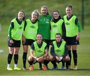 6 April 2022; Players, from left, Lucy Quinn, Denise O'Sullivan, Katie McCabe, front, goalkeeper Grace Moloney, Harriet Scott, Abbie Larkin, front, and Claire O'Riordan pose for a photograph after winning a game during a Republic of Ireland women training session at the FAI National Training Centre in Abbotstown, Dublin. Photo by Stephen McCarthy/Sportsfile