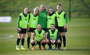 6 April 2022; Players, from left, Lucy Quinn, Denise O'Sullivan, Katie McCabe, front, goalkeeper Grace Moloney, Harriet Scott, Abbie Larkin, front, and Claire O'Riordan pose for a photograph after winning a game during a Republic of Ireland women training session at the FAI National Training Centre in Abbotstown, Dublin. Photo by Stephen McCarthy/Sportsfile