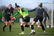 6 April 2022; Lucy Quinn in action against Megan Connolly, right, during a Republic of Ireland women training session at the FAI National Training Centre in Abbotstown, Dublin. Photo by Stephen McCarthy/Sportsfile