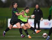6 April 2022; Katie McCabe and Chloe Mustaki, left, during a Republic of Ireland women training session at the FAI National Training Centre in Abbotstown, Dublin. Photo by Stephen McCarthy/Sportsfile
