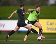 6 April 2022; Katie McCabe in action against Chloe Mustaki, left, during a Republic of Ireland women training session at the FAI National Training Centre in Abbotstown, Dublin. Photo by Stephen McCarthy/Sportsfile