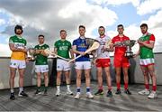 7 April 2022; In attendance during a McDonagh, Ring, Rackard, Meagher promotional event are, from left, Ben Conneely of Offaly and Maurice O’ Connor of Kerry, with the Joe McDonagh Cup, Ryan Bogue of Fermanagh, Shane Briody of Cavan with the Lory Meagher Cup, Conor Grogan of Tyrone, Meehaul McGrath of Derry and Daniel Huane of Mayo with the Christy Ring Cup, at the GPA Offices in Santry, Dublin. Photo by Sam Barnes/Sportsfile