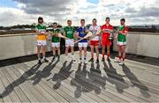 7 April 2022; In attendance during a McDonagh, Ring, Rackard, Meagher promotional event are, from left, Ben Conneely of Offaly and Maurice O’ Connor of Kerry, with the Joe McDonagh Cup, Ryan Bogue of Fermanagh, Shane Briody of Cavan with the Lory Meagher Cup, Conor Grogan of Tyrone, Meehaul McGrath of Derry and Daniel Huane of Mayo with the Christy Ring Cup, at the GPA Offices in Santry, Dublin. Photo by Sam Barnes/Sportsfile
