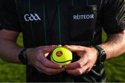 6 April 2022; Referee Nathal Wall holds a smart sliotar before the 2022 oneills.com Munster GAA Hurling Under 20 Championship Group 1 Round 1 match between Limerick and Clare at TUS Gaelic Grounds in Limerick. Photo by Piaras Ó Mídheach/Sportsfile