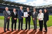 7 April 2022; Pat Dowling, Chief Executive, Clare County Council, Chairperson of the National Network of Age Friendly Alliances, Marty Morrissey, Uachtarán Chumann Lúthchleas Gael Larry McCarthy, Peter McKenna, Stadium Director, Croke Park, Thiago Hérick de Sá, PhD., Age-friendly Environments, World Health Organisation, Kitty Hughes, Chairperson, National Network of Older People’s Councils, and Catherine McGuigan, Chief Officer, Age Friendly Ireland Shared Service, during the Croke Park Age Friendly Stadium and Age Friendly Ambassadors launch, at Croke Park in Dublin. Photo by Seb Daly/Sportsfile