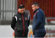 8 April 2022; St Patrick's Athletic manager Tim Clancy, right, in conversation with Dundalk head coach Stephen O'Donnell before the SSE Airtricity League Premier Division match between St Patrick's Athletic and Dundalk at Richmond Park in Dublin. Photo by Ramsey Cardy/Sportsfile