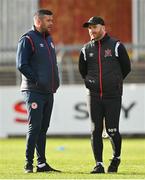 8 April 2022; St Patrick's Athletic manager Tim Clancy, left, in conversation with Dundalk head coach Stephen O'Donnell before the SSE Airtricity League Premier Division match between St Patrick's Athletic and Dundalk at Richmond Park in Dublin. Photo by Ramsey Cardy/Sportsfile