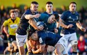 8 April 2022; Tom Farrell of Connacht is tackled by Jonathan Sexton and James Lowe of Leinster during the Heineken Champions Cup Round of 16 first leg match between Connacht and Leinster at the Sportsground in Galway. Photo by Brendan Moran/Sportsfile