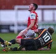 8 April 2022; Ronan Coughlan of St Patrick's Athletic reacts after a foul by Greg Sloggett of Dundalk during the SSE Airtricity League Premier Division match between St Patrick's Athletic and Dundalk at Richmond Park in Dublin. Photo by Ramsey Cardy/Sportsfile